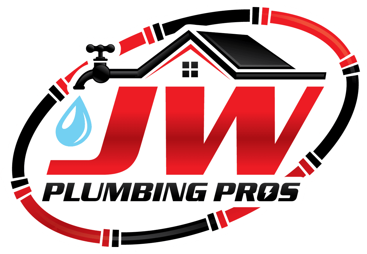 Logo of JW Plumbing Pros featuring red initials with a house, faucet, and water droplet above, encircled by a red and black pipe.