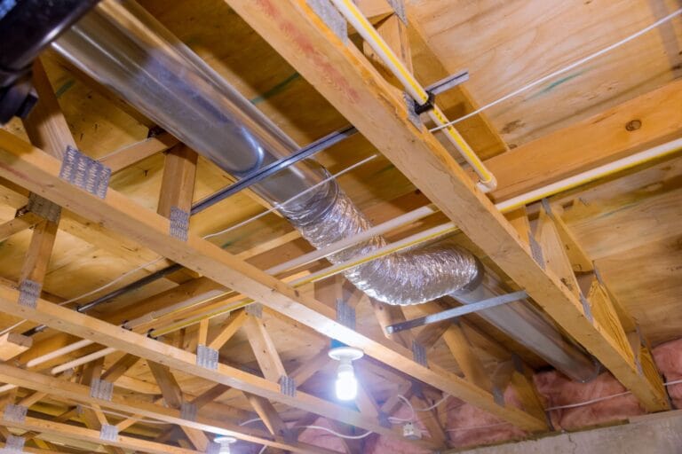 Exposed wooden ceiling beams with metal ducts, a flexible silver tube, and hanging light bulbs in a basement highlight the industrial charm of Residential Plumbing Services in Northwest GA.